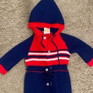 VINTAGE Little Set Navy & Red Striped Hooded Baby Knit Romper